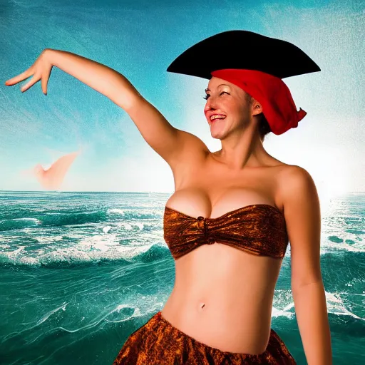 Prompt: dancing brunette milk maid woman wearing a pirate hat shore seascape in the style of Alberto Seveso