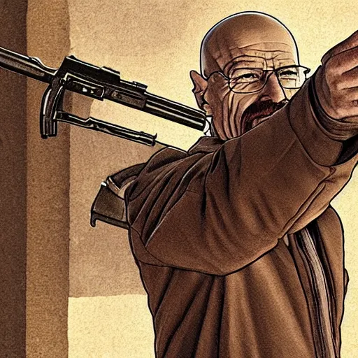 Image similar to Walter White pointing a gun at center, accurate anatomy, highly detailed