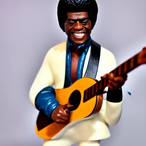 Image similar to a porcelain figurine of james brown playing the guitar, product shot