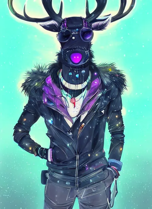 Image similar to award winning beautiful portrait commission of a male furry anthro Black Reindeer cyberpunk fursona with a tail, wings, wings, wings and a cute beautiful attractive detailed furry face wearing stylish black and rainbow galaxy clothes, outline, in a cyberpunk city at night while it rains. Character design by charlie bowater, ross tran, artgerm, and makoto shinkai, detailed, inked, western comic book art