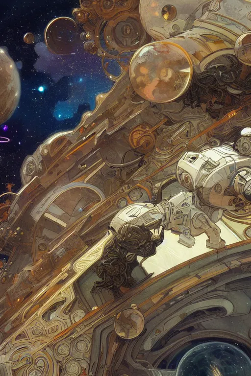 Prompt: space battles, fantasy, intricate, elegant, highly detailed, digital painting, 4 k, hdr, concept art, smooth, sharp focus, illustration, art by alphonse mucha