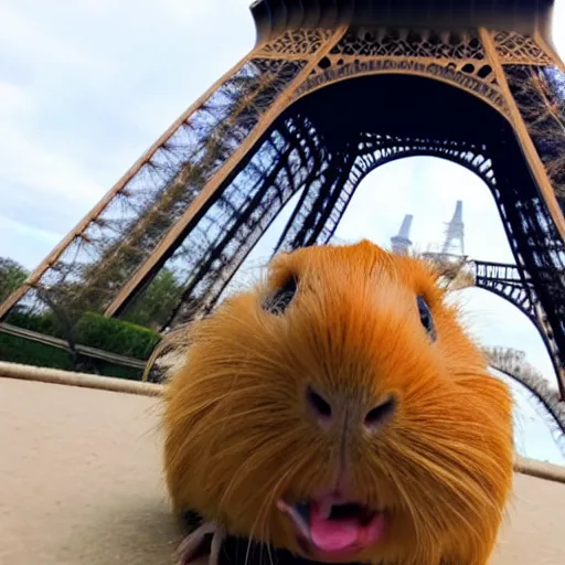 Image similar to a guinea pig taking a selfie in front of the eiffel tower, photorealistic