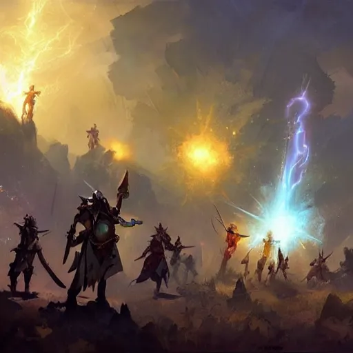 Prompt: a glowing holy light attack from the sky, warriors on the ground, hearthstone art style, epic fantasy style art by Craig Mullins, fantasy epic digital art, epic fantasy card game art by Greg Rutkowski