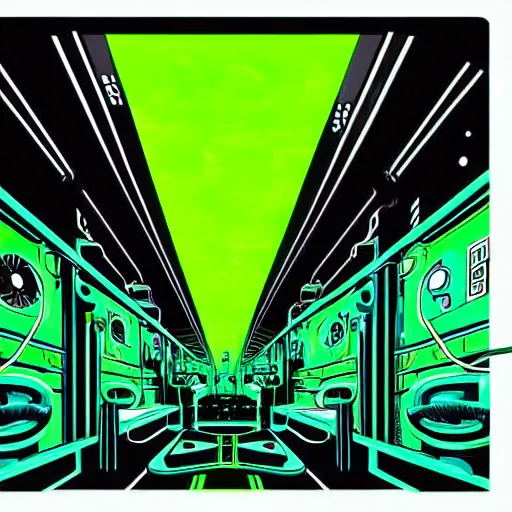 Image similar to a scifi illustration, factory interior with vats of neon green fluid. seen from above, parallax bloom effect, heavy linework line brush, graphic novel style