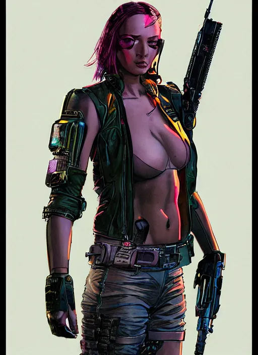 Image similar to cyberpunk mercenary. portrait by mœbius and will eisner and gil elvgren and pixar. realistic proportions. cyberpunk 2 0 7 7, apex, blade runner 2 0 4 9 concept art. cel shading. attractive face. thick lines.