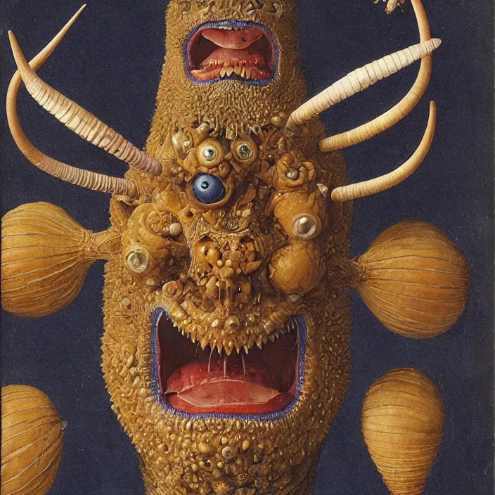 Image similar to close up portrait of a mutant monster creature with four lapis - lazuli eyes, knife - like teeth, round conch fractal horns, insect antennae. jan van eyck, walton ford