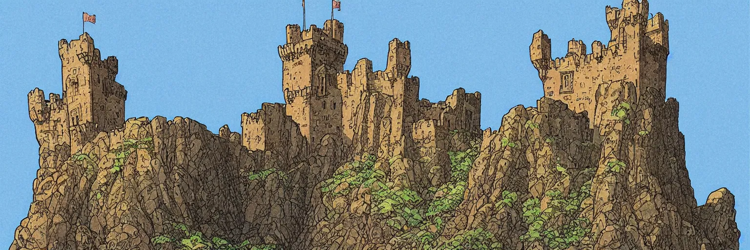 Prompt: dornish castle from westeros by hildebrandt, whelan and moebius, complex jeweled stonework, lapis lazulli, art nouveau architecture, decorative wrought iron, engraving, beautiful castle, studio ghibli, satoshi kon, funimation