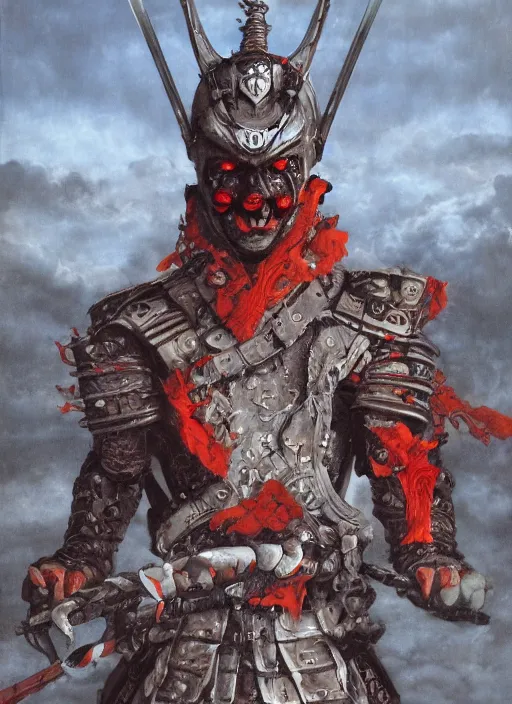 Image similar to portrait of a diabolical cyborg clown samurai, torn cape, adaptive armor, dynamic pose, heavy eyes to the side, ancient ruins, glowing veins subsurface scattering, in clouds, sunset, portrait, by gerald brom, by mikhail vrubel, by peter elson, muted colors, extreme detail, reflections, trending on artstation, 8 k