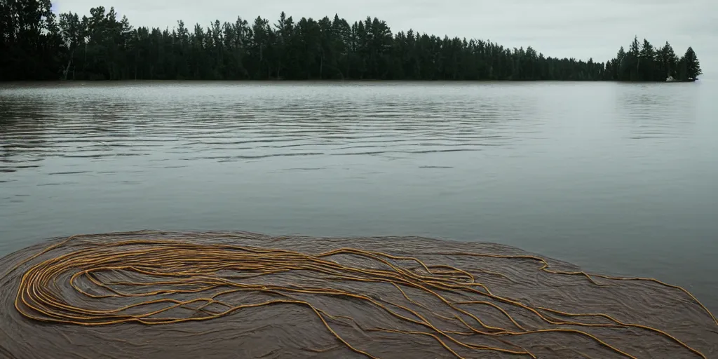 Prompt: centered photograph of a single line of thick big brown \ long rope floating on the surface stretching out to the center of the lake, a dark lake sandy shore on a cloudy day, color film, trees in the background, foreground sand, hyper - detailed kodak color film photo, anamorphic lens