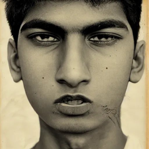 Prompt: close - up portrait photograph of a large teenage indian male with black eyes, a big mouth, a messy stubble and short touselled black hair, highly detailed, anatomically correct features,