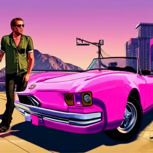 Image similar to gta v cover art by stephen bliss of ryan gosling wearing aviator sunglesses near a pink convertible car