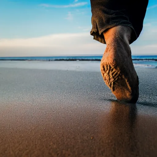 Prompt: closeup of a big foot on a beach