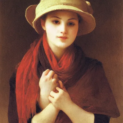 Prompt: A portrait of a fox wearing a scarf and a boater hat by Robert Cleminson and William-Adolph Bouguereau