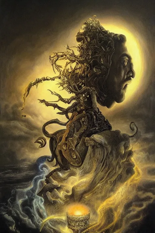 Image similar to Intricate stunning highly detailed Salvador Dali depicted as HammerFall’s lead vocalist, digital painting by agostino arrivabene and Vladimir Kush, surreal, ultra realistic, Horror vacui, dramatic lighting, full moon, thick black swirling smoke tornado, burning fire embers, artstation