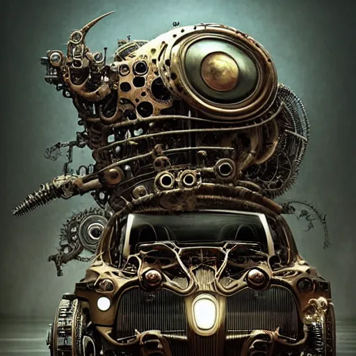 Image similar to biomechanical steampunk vehicle reminiscent of fast sportscar with robotic parts and (glowing) headlights parked in ancient lush palace, gothic and baroque, brutalist architecture, ultradetailed, creepy ambiance, fog, artgerm, giger, Intricate by Ellen Jewett and Josan Gonzalez and Giuseppe Arcimboldo