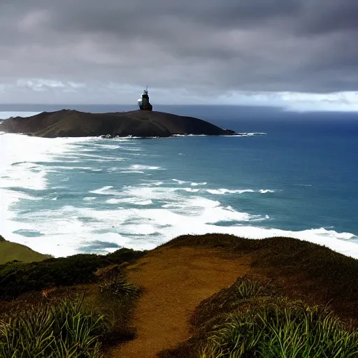Image similar to cape reinga, wide shot, cinematic composition, banksy