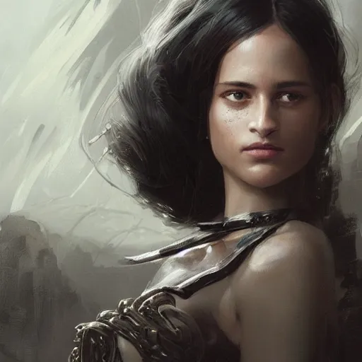 Image similar to a highly detailed epic cinematic concept art CG render digital painting artwork: sophisticated posh British aristocratic victorian gothic beauty with black hair played by Alicia Vikander. By Greg Rutkowski, Ilya Kuvshinov, WLOP, Stanley Artgerm Lau, Ruan Jia and Fenghua Zhong, trending on ArtStation, dramatic cinematic colors, made in Maya, Blender and Photoshop, octane render, excellent composition, cinematic atmosphere, dynamic dramatic cinematic lighting, precise correct anatomy, aesthetic, very inspirational, arthouse