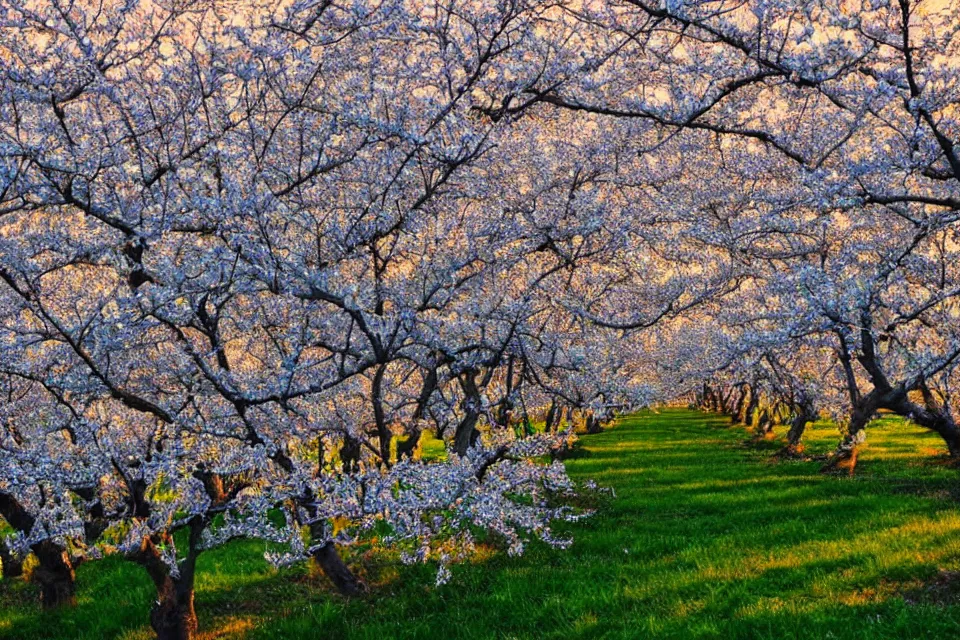 Prompt: a beautiful orchard in full bloom, blue hour. distant mountains. by sheryl knight. dramatic lighting.