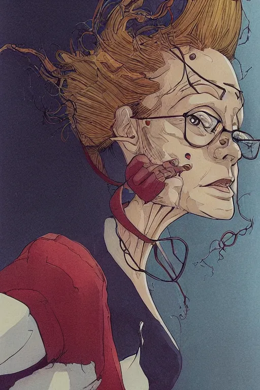 Prompt: zoom out portrait of mad lady scientist, stylized illustration by katsuhiro otomo, brom, moebius concept art, anime, colorful comics style,