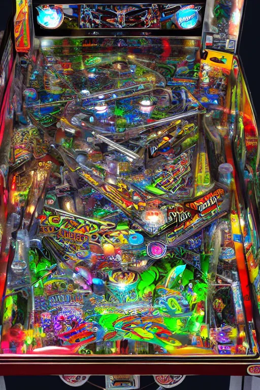 Image similar to a detailed pinball table layout overhead view, game art, realistic digital art, fluorescent colors, halluzinogenic, multicolored, exaggerated detailed, unreal engine