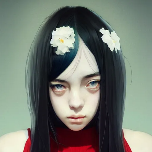 Image similar to a beautiful young japanese billie eilish kat dennings alluring instagram model in elaborate latex tank top, by guweiz and wlop and ilya kuvshinov and artgerm and makoto shinkai and studio ghibli, symmetrical eyes, aesthetic, gorgeous, stunning, alluring, attractive, artstation, deviantart, pinterest, digital art