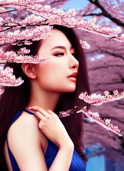 Image similar to photo of a gorgeous female in the style of stefan kostic, realistic, half body shot, sharp focus, 8 k high definition, insanely detailed, intricate, elegant, art by stanley lau and artgerm, extreme blur cherry blossoms background