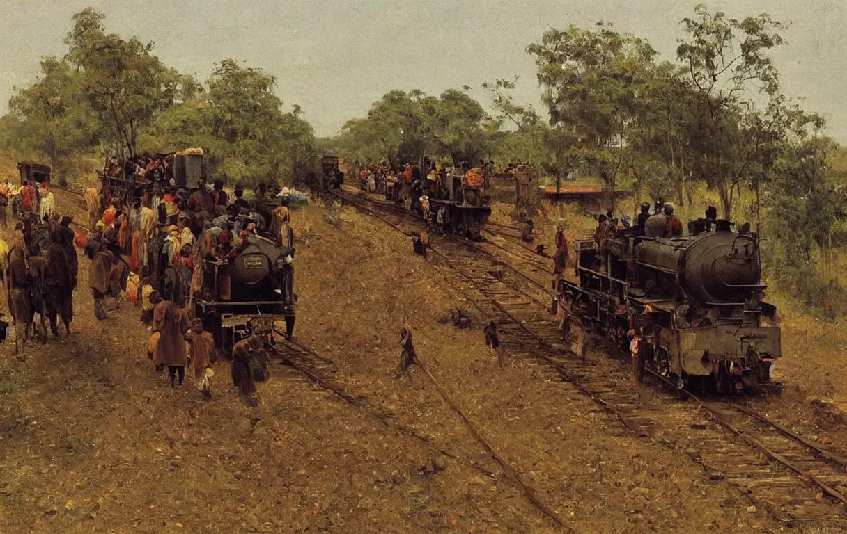 Prompt: railroad train travelling in rural nigeria, 1885, highly detailed oil on canvas, by Ilya Repin