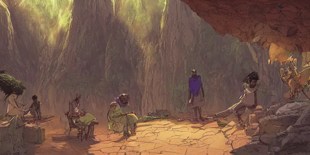 Prompt: an african magic school on the mountains, comics art, cinematic volume lighting, 4k, illustration, epic scene, trending on artstation, art by ghibli moebius