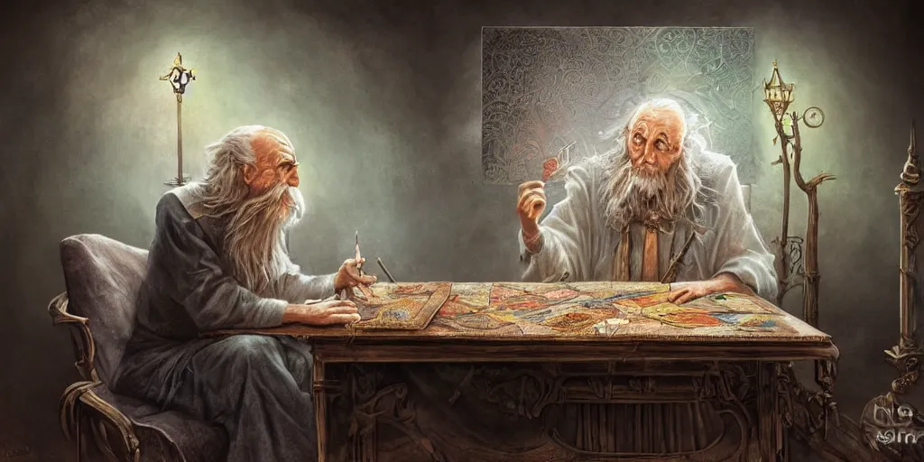 Image similar to wizened aristocrat examining the mysteries of tarot cards on a magical blackboard, background is magical blackboard with chalk,, fantasy art, matte painting, high quality, digital painting, artwork by tony sart