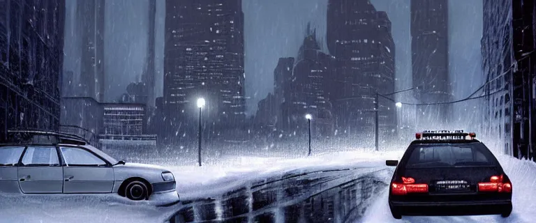 Image similar to Audi A4 B6 Avant (2002), a gritty neo-noir, dramatic lighting, cinematic, eerie person, death, homicide, homicide in the snow, gunshots, establishing shot, extremely high detail, photorealistic, cinematic lighting, artstation, by simon stalenhag, Max Payne (PC) (2001) winter New York at night, In the style of Max Payne 1 graphic novel, flashing lights, Poets of the Fall - Late Goodbye