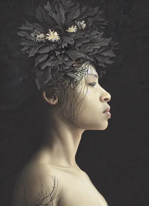 Prompt: a beautiful black woman's face in profile made of leaf and floral skeleton, in the style of the dutch masters and gregory crewdson, white hair, dark and moody aesthetic, 8 k, matte, intricate detail, hyper detailed, surrealism