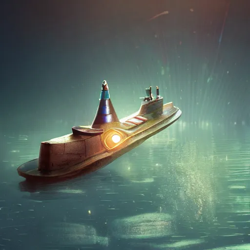 Image similar to tiny wooden submarine, floating, rbc, radiolaria, protophyta, micro - organisms, center frame, symmetric, rim light, marine microbiology, bioluminescence, electric, soft, concept art, intricate details, highly detailed, colorful, photorealistic, disney pixar, octane render, iridescent, anime, 8 k