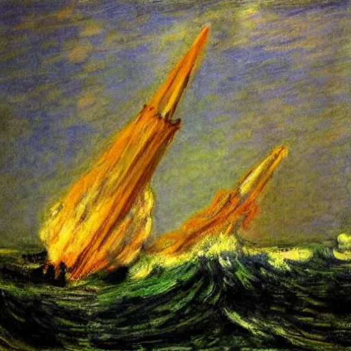 Prompt: large ship being tossed about in a fierce storm in the sea, dark, low light, terrifying, beautiful, monet painting