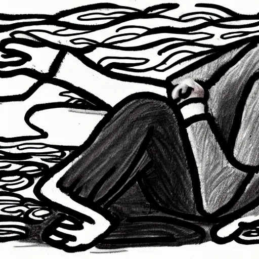 Prompt: A schizophrenic scribble drawing of a guilty young adult drowning in regret and sorrow