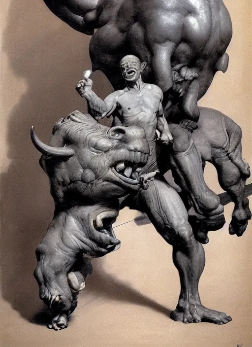 Prompt: upper body portrait of a massive minotaur wearing a tuxedo, by frank frazetta and lawrence alma-tadema and zdzislaw beksinski and norman rockwell and jack kirby, artstation