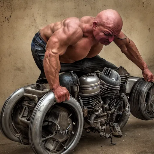 Prompt: a muscular bald man with engines on his back and drainage pipes from his arms, diesel engine, gasoline engine, combustion engine, high definition photograph