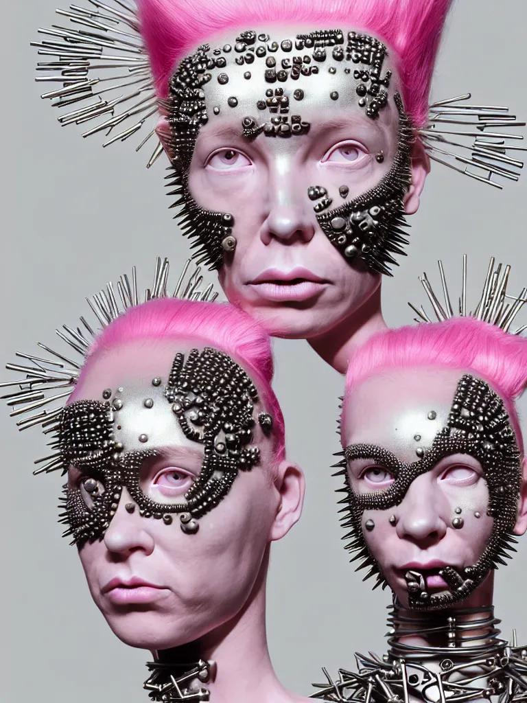 Image similar to portrait of a biomechanical goddess wearing a steel spikes studded iridescent beauty mask and pink hair buns, wearing a black bodysuit by alexander mcqueen, cream white background, soft diffused light, biotechnology, humanoid robot, perfectly symmetric, bjork aesthetic, translucent, by rineke dijkstra, intricate details, highly detailed, masterpiece,