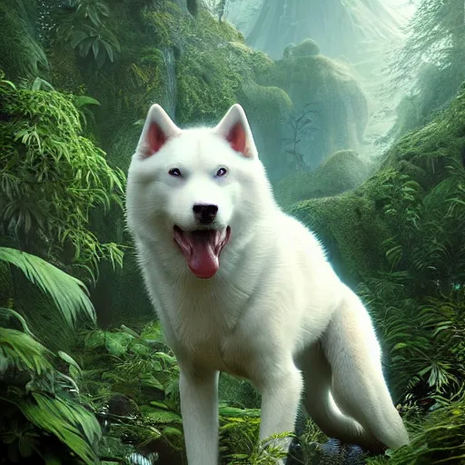 Image similar to white alaskan husky creature in a alaskan lush vegetation, warm tones : by michal karcz, guillermo del toro, daniel merriam, victo ngai and : ornate, dynamic, particulate, intricate, elegant, highly detailed, centered, artstation, smooth, sharp focus, octane render