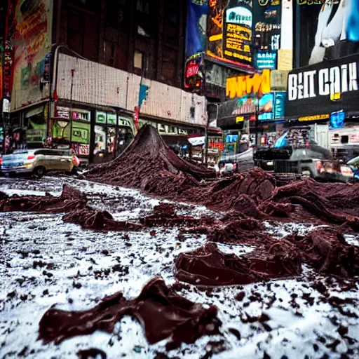 Image similar to tsunami of liquid chocolate on new york, post apocalyptic, cinematic