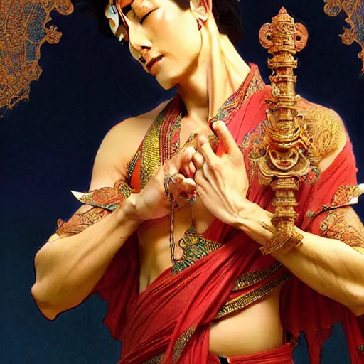 Prompt: avalokiteshvara cutting his fingernails, intricate, elegant, highly detailed, my rendition, digital painting, artstation, concept art, smooth, sharp focus, radiant light, illustration, art by artgerm and greg rutkowski and alphonse mucha