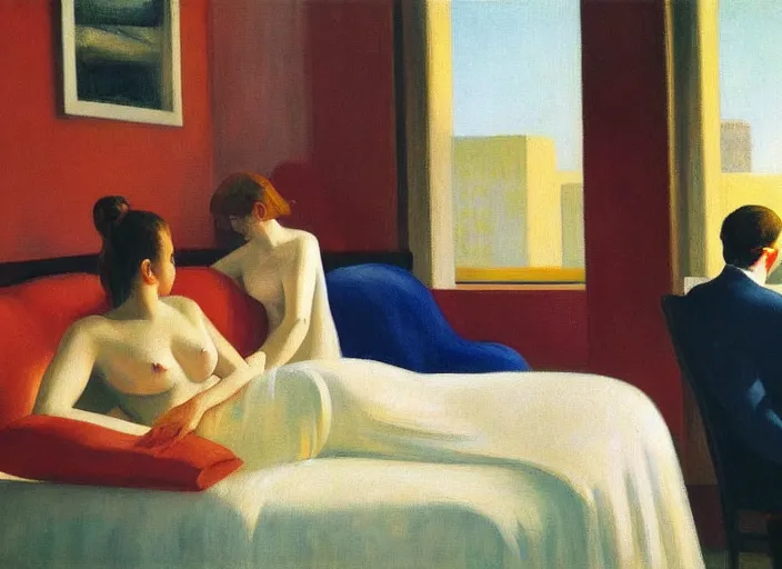 Prompt: two people in a hotel room in afternoon light, oil painting by edward hopper