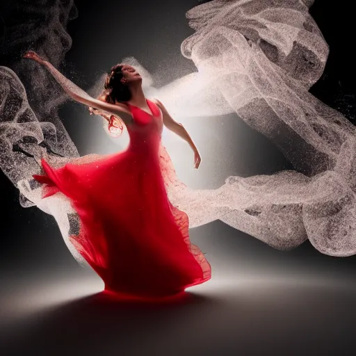 Prompt: manshaped swirling smoke beside woman dancing underwater wearing a flowing red dress made of seaweed, large school of tiny silver fish in the background, octane render, caustics lighting from sunlight above, cinematic