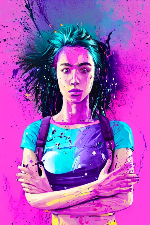 Image similar to a award winning half body portrait of a beautiful woman in a croptop and cargo pants with ombre purple pink teal hairstyle and hands in pockets by ari liloan, surrounded by whirling illuminated lines, paint splashes and splatter, outrun, vaporware, shaded flat illustration, digital art, trending on artstation, highly detailed, fine detail, intricate