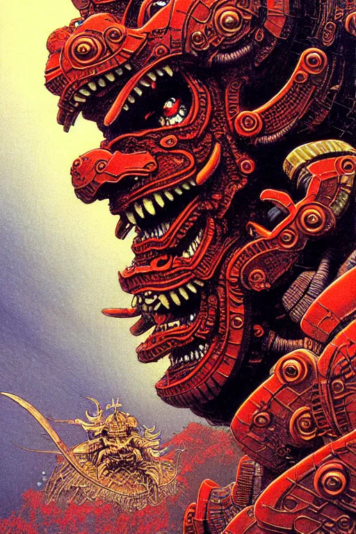 Image similar to japanese oni, character portrait, portrait, close up, concept art, intricate details, highly detailed, soft light, vintage sci - fi poster, in the style of chris foss, rodger dean, moebius, michael whelan, and gustave dore