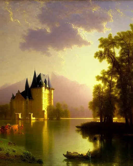 Image similar to beautiful illustration of chateau in a serene landscape, by albert bierstadt, magic realism, narrative realism, beautiful matte painting, heavenly lighting, retrowave, 4 k hd wallpaper