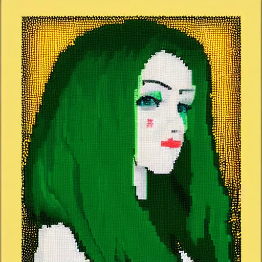 Prompt: Portrait of a green haired woman, pixelart