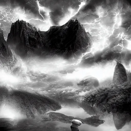 Image similar to being caught between the waking world and a dream state, black and white matte painting