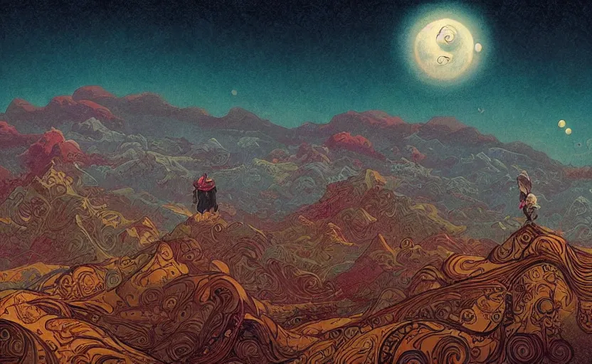Prompt: mountains, moons and paisley filled sky, artstation, intricate, highly detailed, digital painting, concept art, sharp focus, illustration by Benjamin Lacombe and Kilian Eng