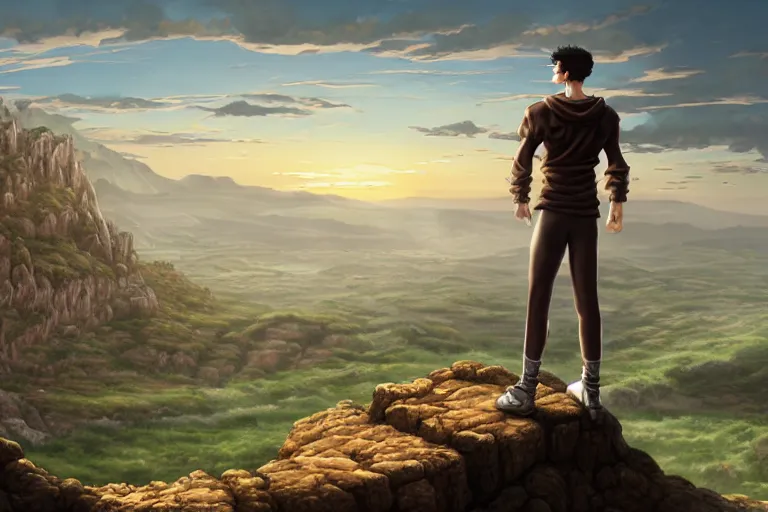 Image similar to an ultra detailed matte landscape painting of an extremely tall and strong young man with short brown hair standing on a cliff overlooking a medieval capital built on top of many hills, italian renaissance architecture, epic anime fantasy, 8 k, volumetric lighting, smooth, highly detailed, digital illustration, art by kentaro miura and akira toriyama and artgerm