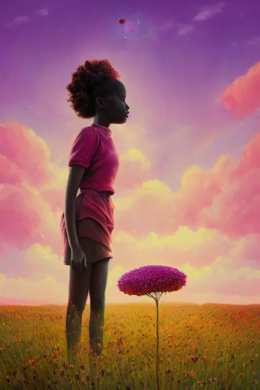Prompt: closeup, huge flower as head, an african girl in heather field, surreal photography, golden hour, colorful clouds, impressionist painting, digital painting, artstation, simon stalenhag